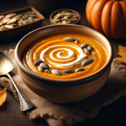 Sopa de calabaza cremosa servida en un bowl rústico, decorada con semillas de calabaza y un remolino de crema.