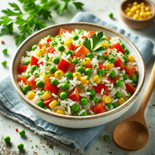 Ensalada de arroz con vegetales frescos como pimientos rojos, maíz, guisantes y perejil, servida en un bowl blanco.