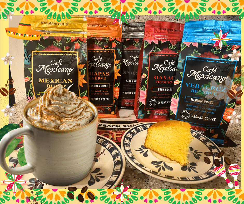 Taza artesanal de cacao latte con vapor, sobre mesa rústica adornada con flores de cempasúchil, símbolo del otoño y la conexión ritual con la gratitud.