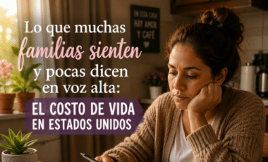 Madre preocupada revisando cuentas y facturas en el hogar, costo de vida en Estados Unidos.