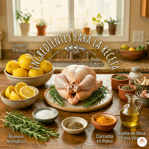 Ingredientes naturales para el Ritual de la Mesa: Pollo, Limón y Romero. Infografía de ingredientes para pollo al limón y romero con cúrcuma y aceite de oliva en una cocina rústica.