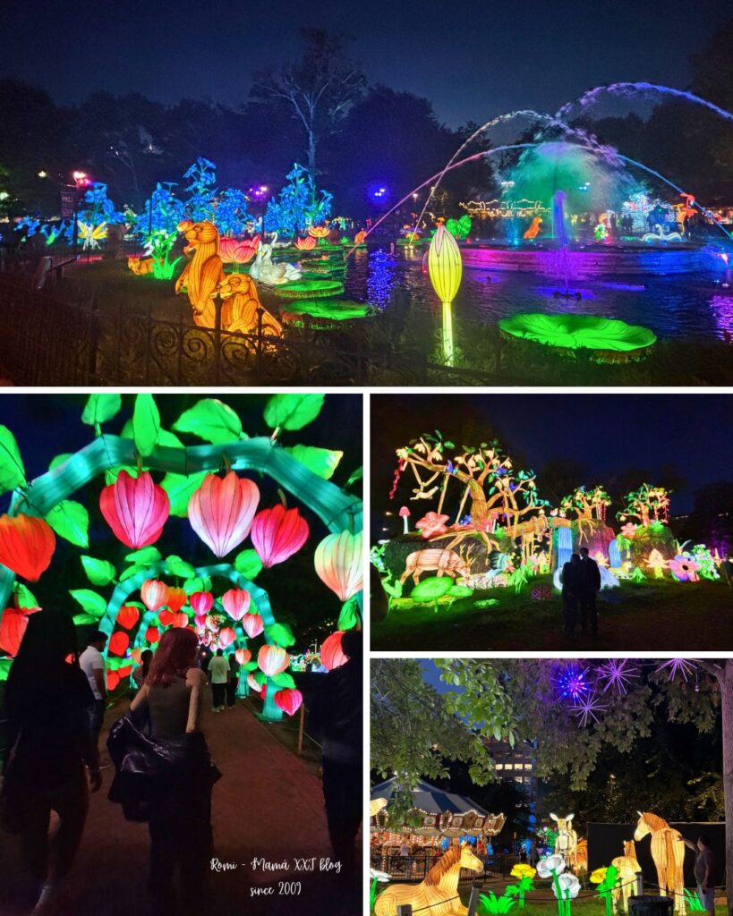 Un collage fotográfico de cuatro imágenes que muestra diferentes momentos de la visita nocturna. En el cuadrante superior izquierdo se ve una estructura iluminada con faroles de colores y flores de loto; en el superior derecho, figuras de animales brillantes entre árboles; en el inferior izquierdo, un sendero bordeado de faroles rojos con visitantes caminando; y en el inferior derecho, una toma general de las instalaciones y el escenario iluminado con el carrusel de Franklin Square de fondo.