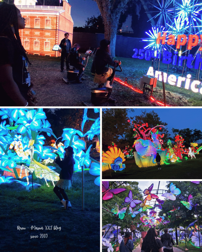 caminando por Franklin Square junto a la instalación conmemorativa del 250.° aniversario de Estados Unidos durante el Philadelphia Chinese Lantern Festival.