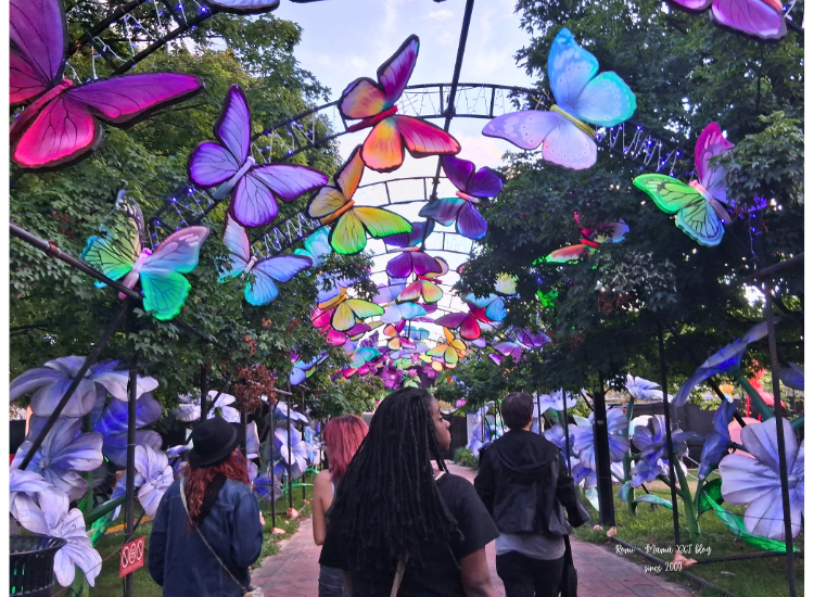 Romina paseando de noche en el Philadelphia Chinese Lantern Festival junto a una instalación de mariposas luminosas en Franklin Square.