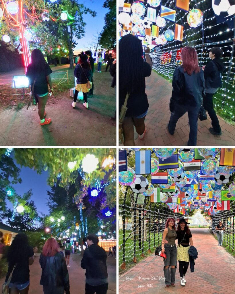 Un collage fotográfico de cuatro imágenes que captura diferentes momentos del festival en Franklin Square. En el cuadrante superior izquierdo, una estructura de farol gigante con forma de flor de loto brilla intensamente en rosa y amarillo sobre un estanque, reflejándose en el agua durante la noche. En el cuadrante superior derecho, una figura de farol de un panda gigante iluminado y rodeado de bambú se destaca entre el follaje nocturno. En el cuadrante inferior izquierdo, un sendero está bordeado por hileras de faroles chinos rojos tradicionales, creando un túnel de luz bajo la noche. En el cuadrante inferior derecho, se observa una vista más amplia del recinto del festival, con varias instalaciones iluminadas, incluyendo una pagoda y la fuente principal, y el carrusel de Franklin Square visible al fondo. El collage captura la atmósfera vibrante y mágica del festival nocturno.