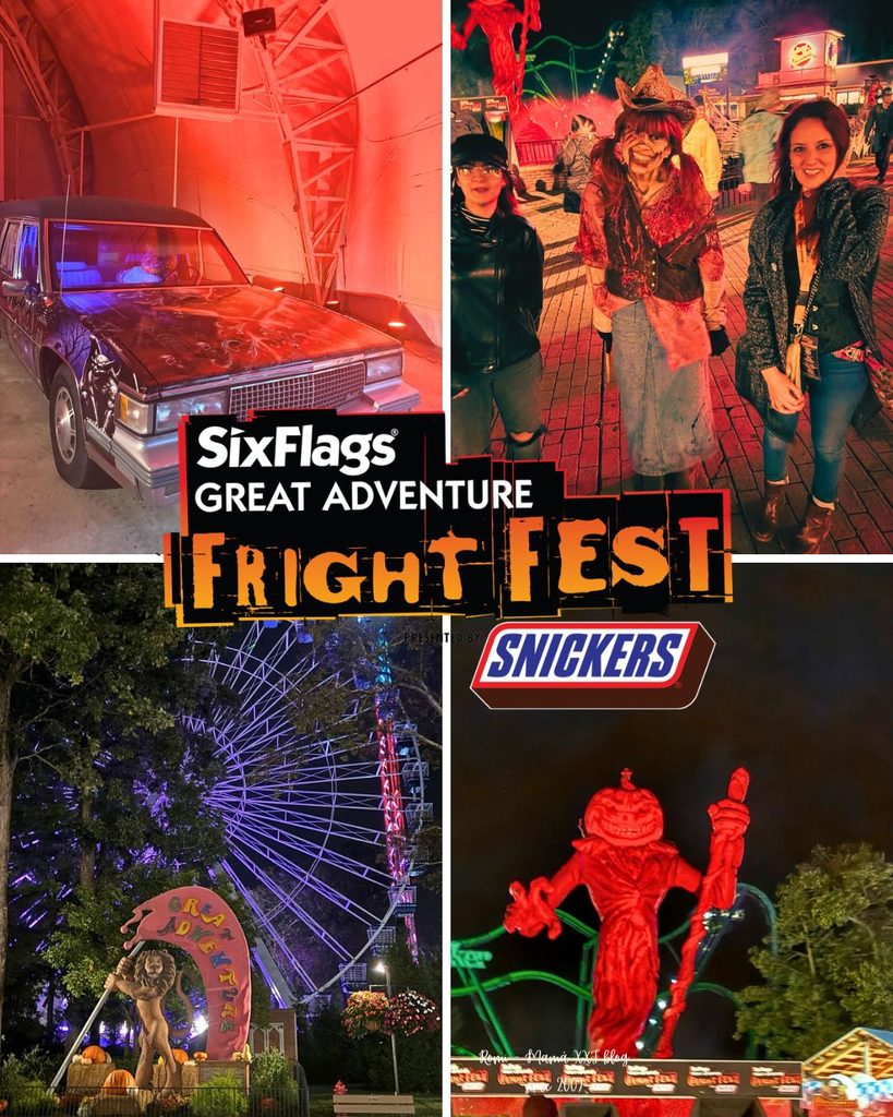 Ambiente nocturno y decoración de Halloween en Six Flags Great Adventure.